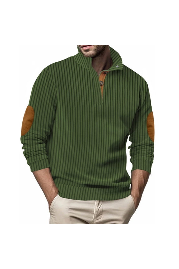 Men's Knit Striped Polo Shirts Long Sleeve Sweater Polo Lightweight Fashion Casual Solid Color Lapel Collared Pullover T Shirts with Elbow Patch Green XXXL