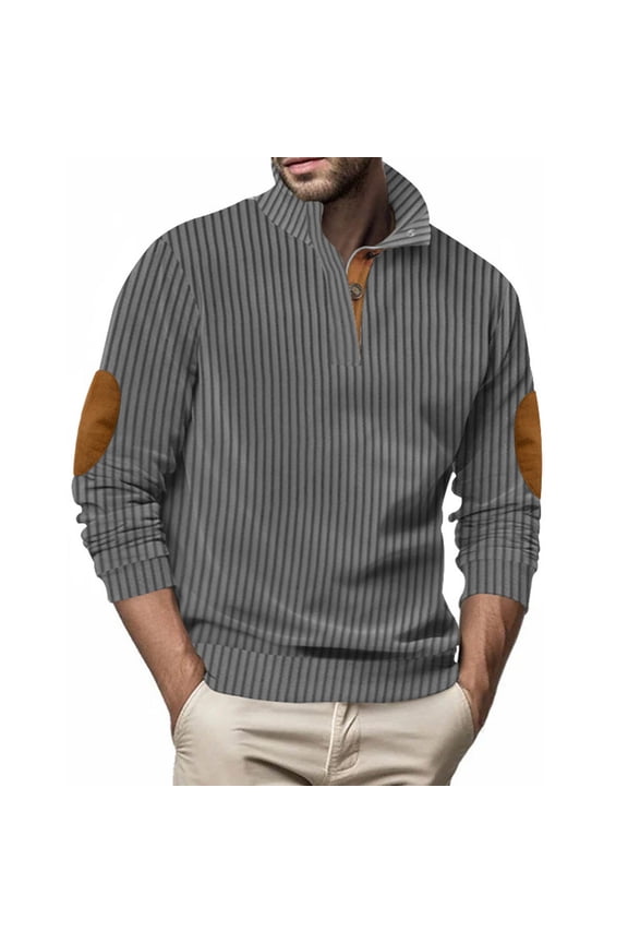 Men's Knit Striped Polo Shirts Long Sleeve Sweater Polo Lightweight Fashion Casual Solid Color Lapel Collared Pullover T Shirts with Elbow Patch Dark Gray L