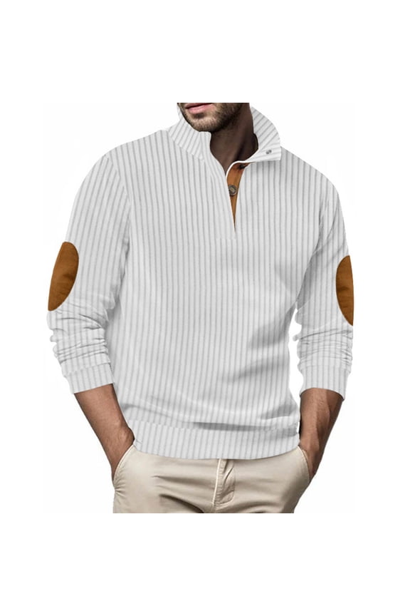 Men's Knit Striped Polo Shirts Long Sleeve Sweater Polo Lightweight Fashion Casual Solid Color Lapel Collared Pullover T Shirts with Elbow Patch White XXL