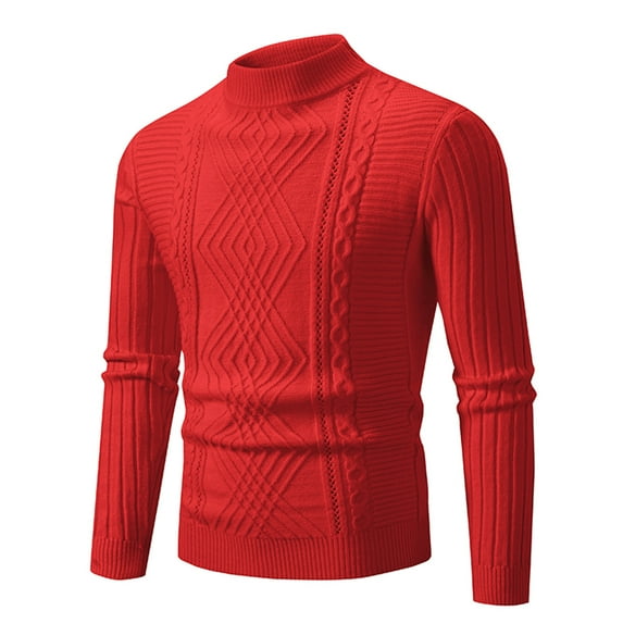 ZCFZJW Men's Knitwear Casual Long Sleeve Mock Turtleneck Vintage Round Neck Solid Color Elastic Pullover Fleecing Texture Trend Sweater Coat Red L
