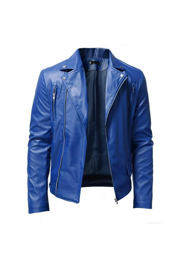 Men's Leather Jacket Fall Winter Stand Collar Punk Motorcycle Washed Leather Long Sleeve Hoodless Casual Outwear & Jackets Dark Blue XXXXL