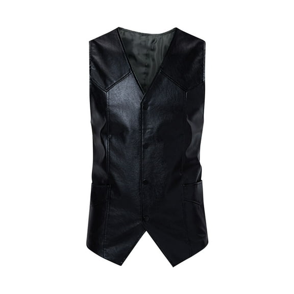 ZCFZJW Men's Leather Vest Casual Western Vest Jacket Lightweight Single-breasted V-Neck Slim Fit Suit Vest Waistcoat with Pocket #01-Black L