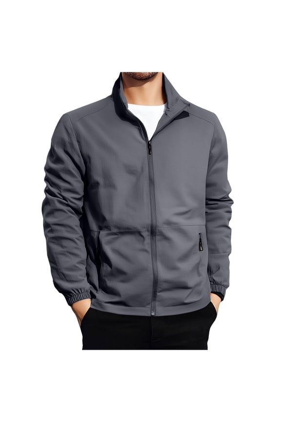 Men's Light Jackets Lightweight Long Sleeve Full Zipper Bomber Jackets Collared Work Golf Windbreakers with Zip Pockets Gray L