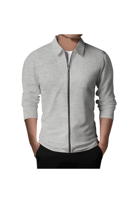 Men's Lightweight Cardigan Jacket Casual Solid Color Waffle Knitted Spring Fall Long Sleeve Windbreaker Bomber Zip Up Outwear Coat Tops Gray L