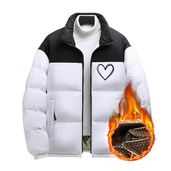ZCFZJW Men's Lightweight Heated Jacket, Cute Heart Pattern Printed Long Sleeve Full Zip up Stand Collar 6-Zone Electric Puffer Winter Coat for Outdoor Camping Hiking,Battery not Included C-White L