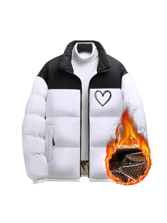 Men's Lightweight Heated Jacket, Cute Heart Pattern Printed Long Sleeve Full Zip up Stand Collar 6-Zone Electric Puffer Winter Coat for Outdoor Camping Hiking,Battery not Included C-White M