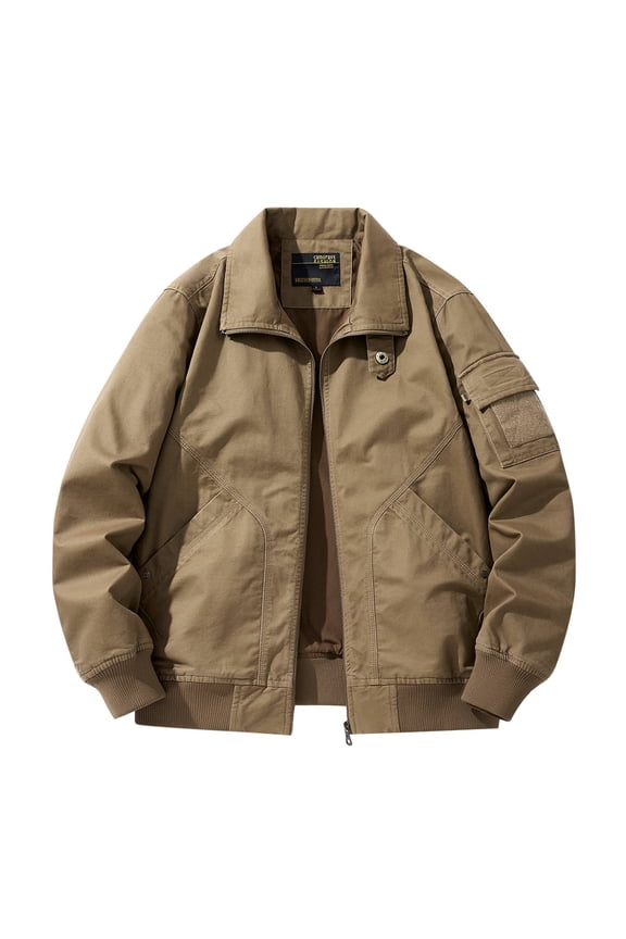 Men's Lightweight Jackets Casual Fall Winter Long Sleeve Thick Warm Bomber Windbreaker Zip Up Collared Jacket Golf Windproof Coat with Pockets Khaki M
