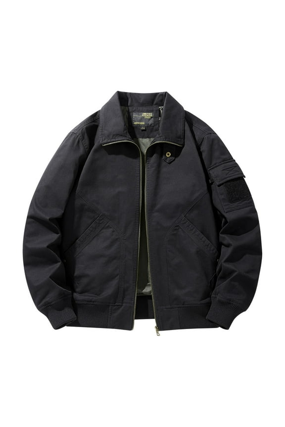 Men's Lightweight Jackets Casual Fall Winter Long Sleeve Thick Warm Bomber Windbreaker Zip Up Collared Jacket Golf Windproof Coat with Pockets Black XL