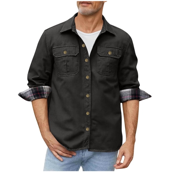 ZCFZJW Men's Lightweight Long Sleeved Snap Plaid Shacket Jackets Trendy Regular Fit Western Cowboy Flannel Lined Collared T-Shirts with Chest Pockets Black S