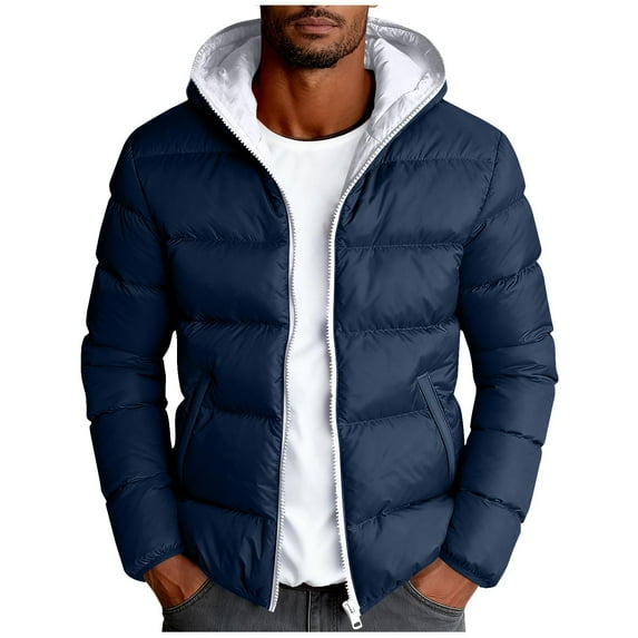 ZCFZJW Men's Lightweight Puffer Jacket Color Patchwork Hooded Warm Outwear Winter Coat Quilted Lined Water-Resistant Full Zip Bubble Jackets with Pockets Dark Blue S