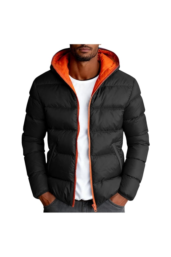 Men's Lightweight Puffer Jacket Color Patchwork Hooded Warm Outwear Winter Coat Quilted Lined Water-Resistant Full Zip Bubble Jackets with Pockets Black M