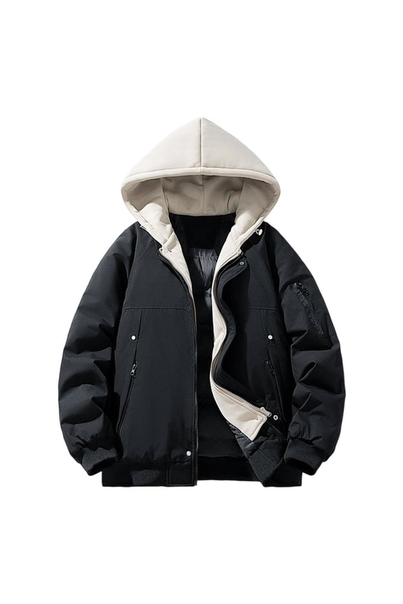 Men's Lightweight Puffer Jacket Long Sleeve Hooded Warm Winter Coat Fake Two Piece Quilted Lined Wind-Resistant Full Zip Bubble Jackets with Pockets Black L