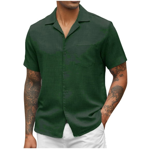 ZCFZJW Men's Linen Shirts Short Sleeve Casual Solid Color Shirts Button Down Shirt for Men Beach Summer Wedding Shirt with Pockets Green XXXL