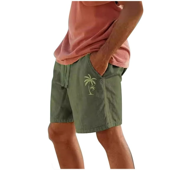 ZCFZJW Men's Linen Shorts Casual Tropical Palm Tree Printed Elastic Waist Drawstring Summer Beach Board Shorts Lightweight Swim Trunks with Pockets Army Green XXXL