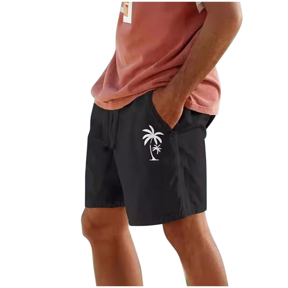 ZCFZJW Men's Linen Shorts Casual Tropical Palm Tree Printed Elastic Waist Drawstring Summer Beach Board Shorts Lightweight Swim Trunks with Pockets Black XXXL
