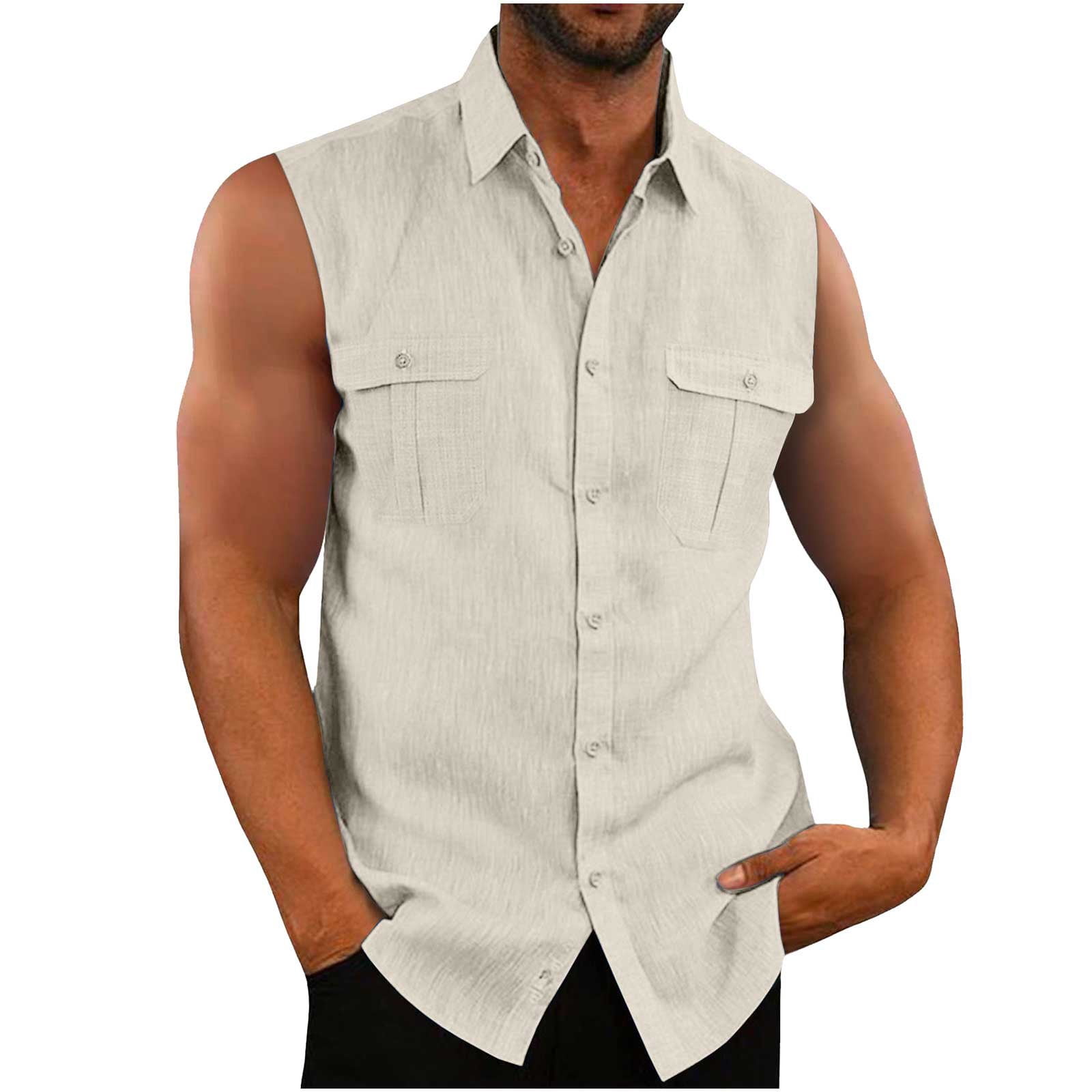 ZCFZJW Men's Linen Sleeveless Shirts Casual Button Down Beach Gym Yoga Tank  Top Summer Basic Solid Workout Tee Shirt Vest with Double Pockets Khaki XL