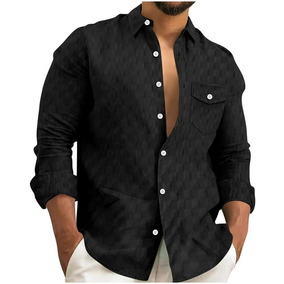 ZCFZJW Men's Long Sleeve Button Down Shirts Casual Big and Tall Regular Fit Solid Color Cotton Linen Shirts Untucked Beach Shirt with Pockets Black XL