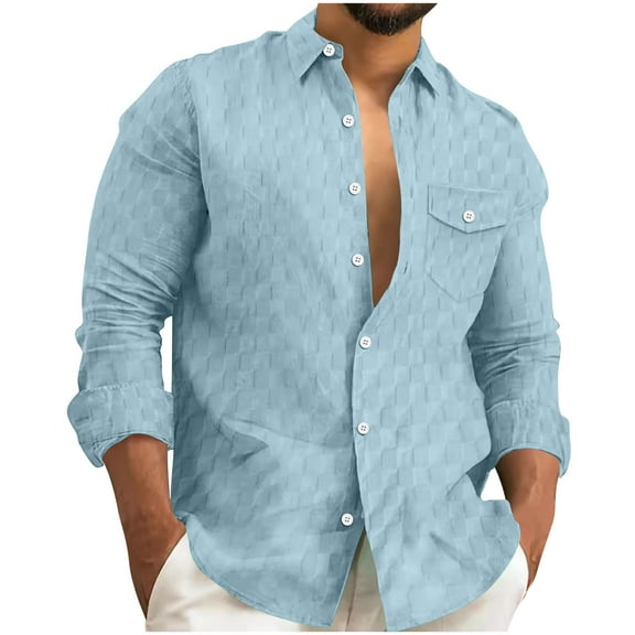 ZCFZJW Men's Long Sleeve Button Down Shirts Casual Big and Tall Regular Fit Solid Color Cotton Linen Shirts Untucked Beach Shirt with Pockets Sky Blue S