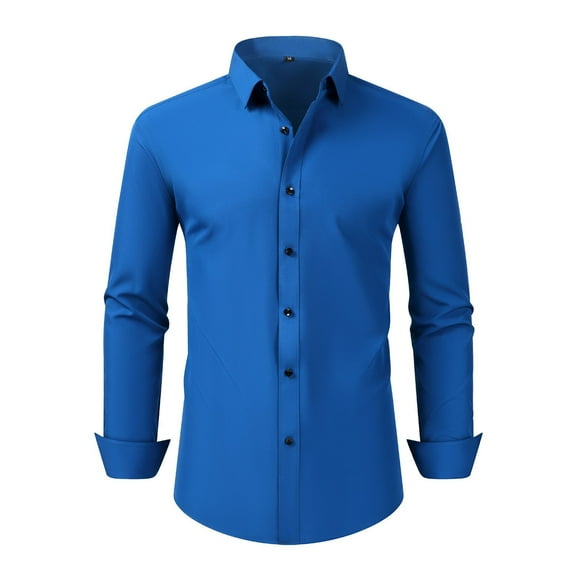 ZCFZJW Men's Long Sleeve Dress Shirts Casual Solid Color Stretch Wrinkle Free Button Down Shirt Business Wedding Formal Shirts Regular Fit T-Shirts Tops Blue M