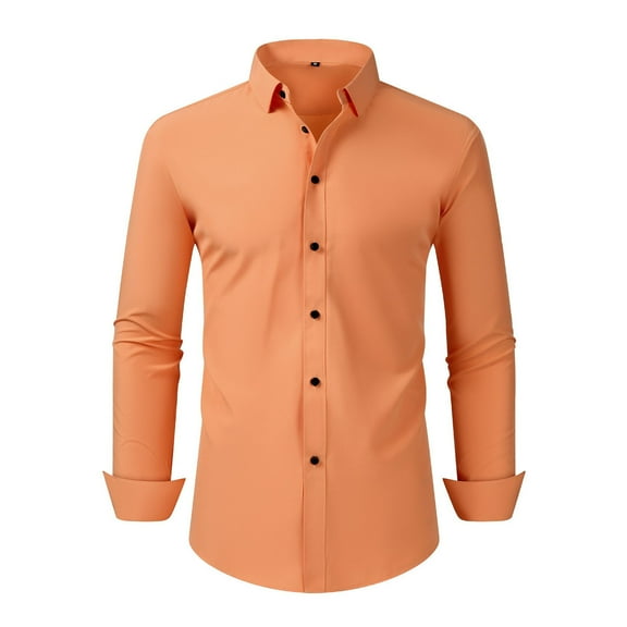 ZCFZJW Men's Long Sleeve Dress Shirts Casual Solid Color Stretch Wrinkle Free Button Down Shirt Business Wedding Formal Shirts Regular Fit T-Shirts Tops Orange S