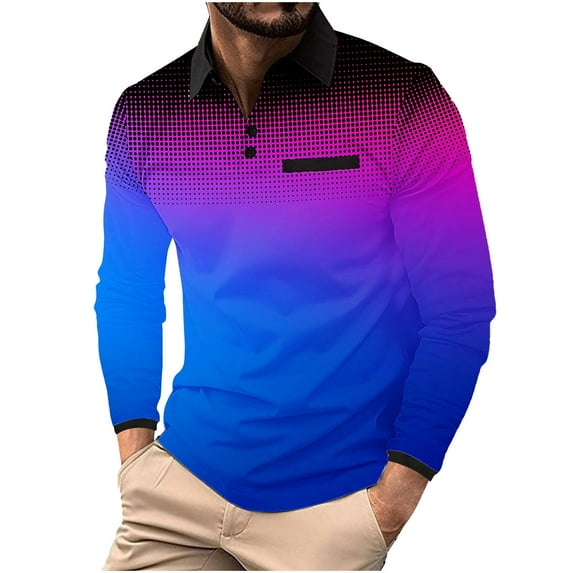 ZCFZJW Men's Long Sleeve Polo Shirts Fashion Color Block Golf Polo Shirts Casual Tie Dye Gradient Print Button up Lapel Collar Tennis Shirt Tops Blue XL