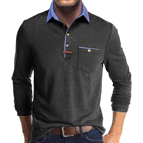ZCFZJW Men's Long Sleeve Polo Shirts Lightweight Casual Button Golf Tshirt Moisture Wicking Cotton Tee Collared Basic Shirts with Pocket Dark Gray L