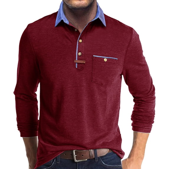 ZCFZJW Men's Long Sleeve Polo Shirts Lightweight Casual Button Golf Tshirt Moisture Wicking Cotton Tee Collared Basic Shirts with Pocket Wine L