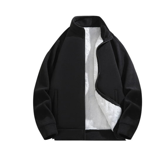 ZCFZJW Men's Long Sleeve Sweater Fleece Jacket, Fall Winter Plush Thick Warm Sherpa Lined Full Zip Windproof Outerwear with Pockets Black M