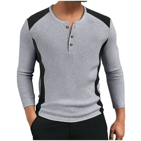 ZCFZJW Men's Long Sleeve Waffle Henley Shirts Casual Patchwork Fall Thermal Shirts 1/4 Button up Round Neck Pullover T-Shirt Tops Gray L