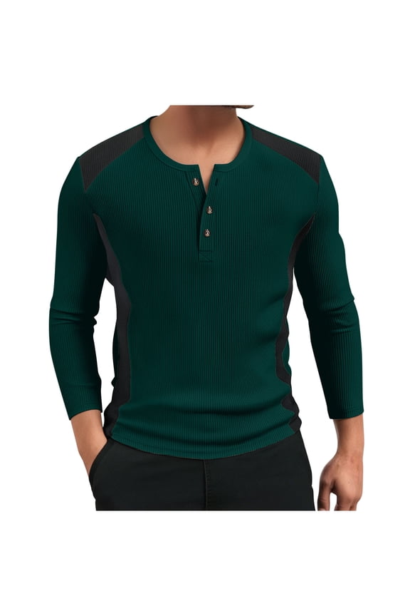 Men's Long Sleeve Waffle Henley Shirts Casual Patchwork Fall Thermal Shirts 1/4 Button up Round Neck Pullover T-Shirt Tops Green XXXL