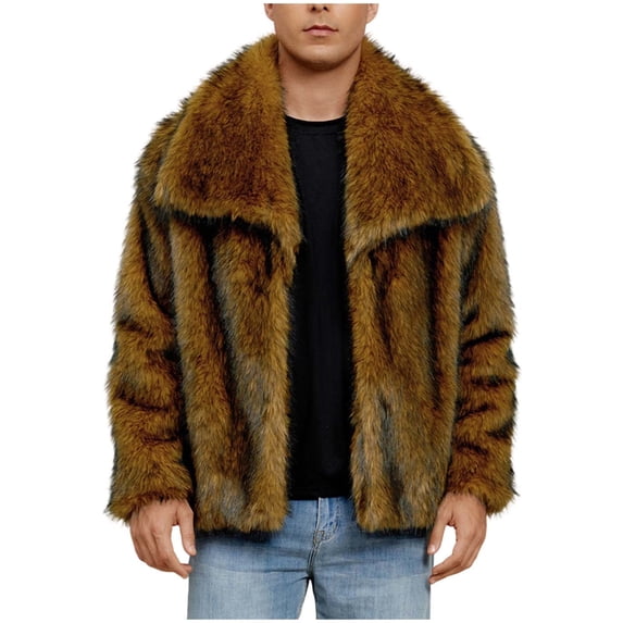 ZCFZJW Men's Luxury Faux Fuzzy Winter Coats Big and Tall Regular Fit Open Front Long Sleeve Lapel Collared Jacket Fluffy Warm Parka Overcoat Outerwear Brown#01 XL
