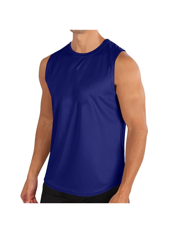 Men's Muscle Cut Off Gym Workout Stringer Tank Tops Quick Dry Summer Sleeveless Athletic Tees Shirt Bodybuilding Fitness T-Shirts Blue XXL