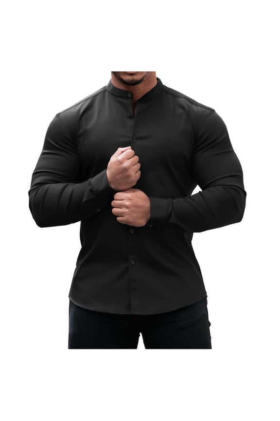 Men's Muscle Dress Shirts Slim Fit Stretch Banded Collar Wrinkle-Free Long Sleeve Casual Solid Color Button Down Athletic T-Shirt Tops Black L