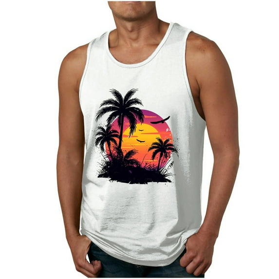 ZCFZJW Men's Muscle Gym Workout Stringer Tank Tops Bodybuilding Fitness T-Shirts Cute Summer Tropical Palm Tree Graphic Gym Tees Shirt Vest White M