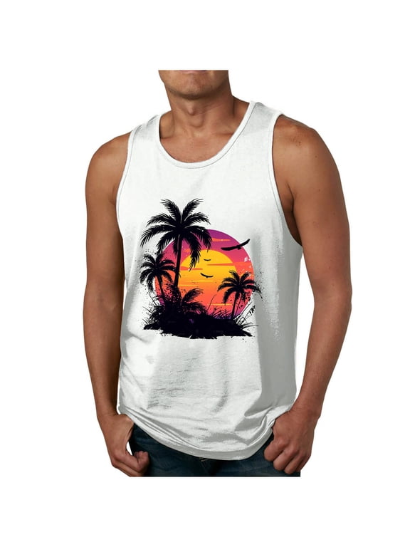 Men's Muscle Gym Workout Stringer Tank Tops Bodybuilding Fitness T-Shirts Cute Summer Tropical Palm Tree Graphic Gym Tees Shirt Vest White XXL