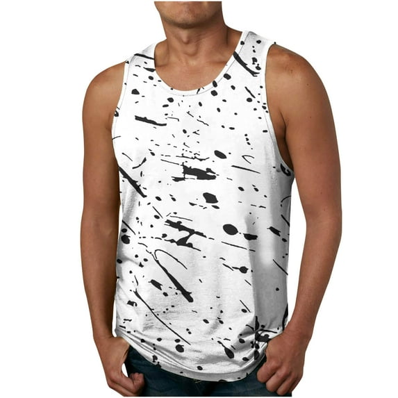 ZCFZJW Men's Muscle Shirts Sleeveless Gym Workout Tank Top 3D Tie Dye Print Summer Round Neck Cami Vest Loose Regular Fit Athletic T-Shirts White XXL