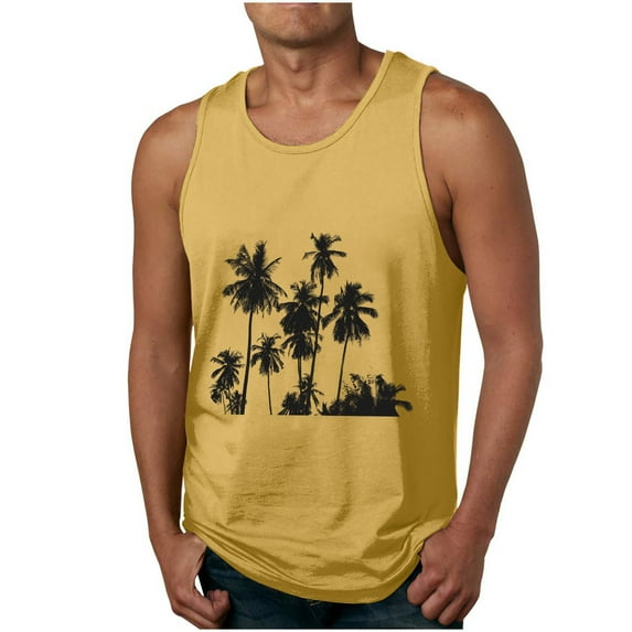 ZCFZJW Men's Muscle Shirts Sleeveless Quick Dry Summer Tropical Palm Tree Print Big and Tall Regular Fit Casual Sport Gym Workout Tank Top Yellow XXXXL