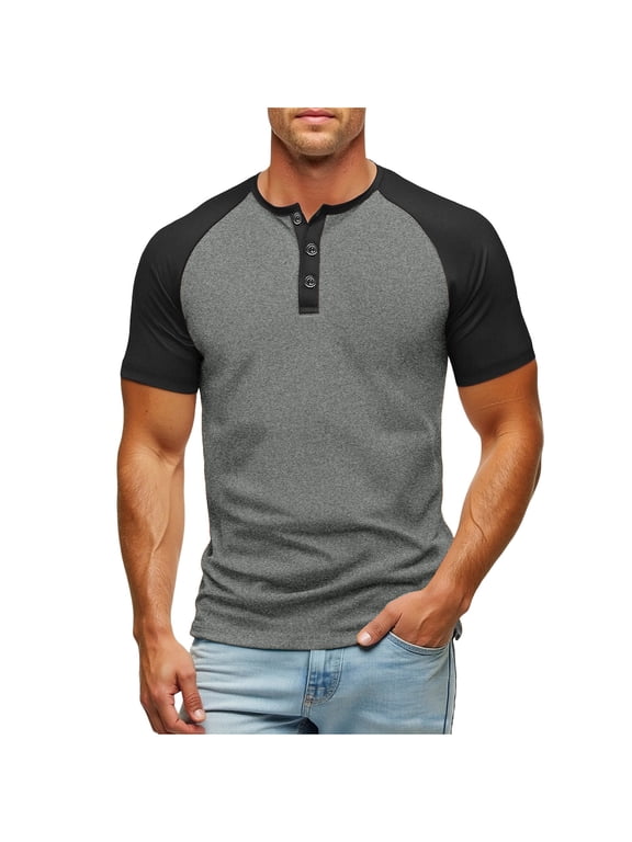 Men's Muscle Slim Henley Shirts Ligthtweight Crewneck Color Block Longline T-Shirt Gym Workout Athletic Shirt Tees with Button Dark Gray L