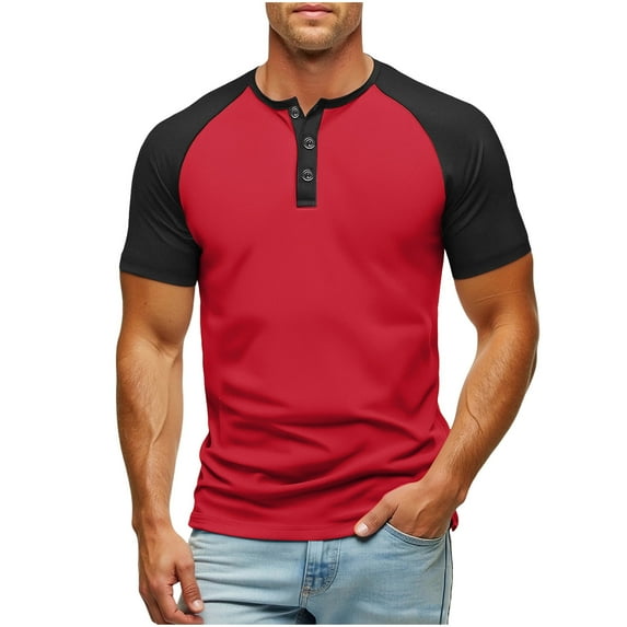 ZCFZJW Men's Muscle Slim Henley Shirts Ligthtweight Crewneck Color Block Longline T-Shirt Gym Workout Athletic Shirt Tees with Button Red L