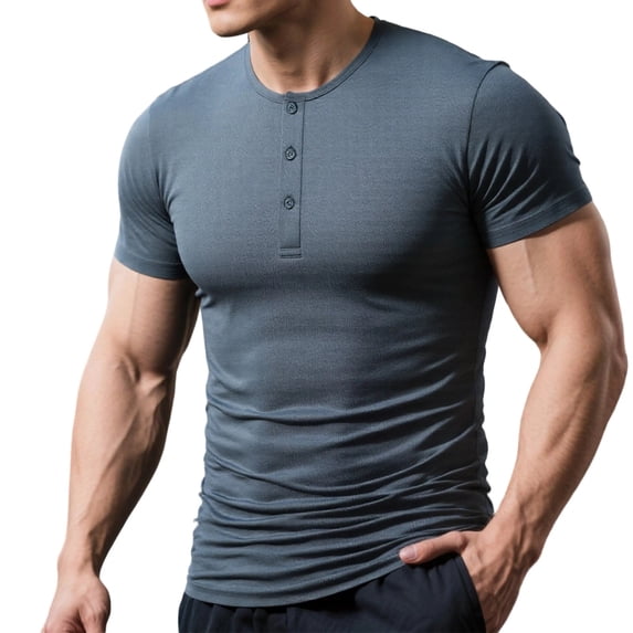 ZCFZJW Men's Muscle Slim Henley Shirts Summer Crewneck Basic Solid Color Short Sleeve Longline T-Shirt Gym Workout Athletic Shirt Tees with 3 Buttons Gray M