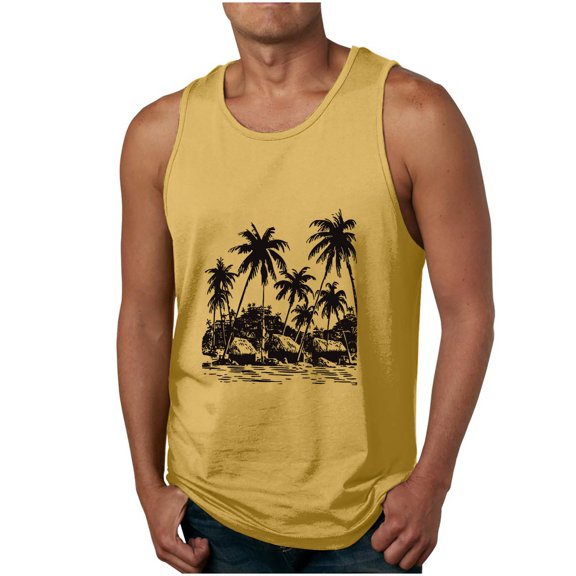 ZCFZJW Men's Muscle Tank Tops Quick Dry Big and Tall Regular Fit Casual Workout Gym Tanks Summer Tropical Palm Tree Print Sleeveless T Shirts Yellow M