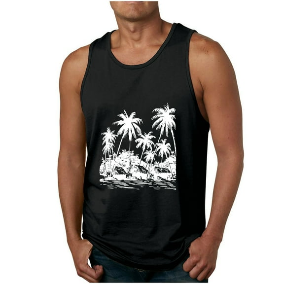 ZCFZJW Men's Muscle Tank Tops Quick Dry Big and Tall Regular Fit Casual Workout Gym Tanks Summer Tropical Palm Tree Print Sleeveless T Shirts Black M
