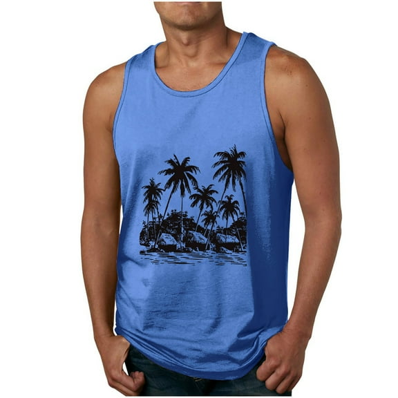 ZCFZJW Men's Muscle Tank Tops Quick Dry Big and Tall Regular Fit Casual Workout Gym Tanks Summer Tropical Palm Tree Print Sleeveless T Shirts Blue S