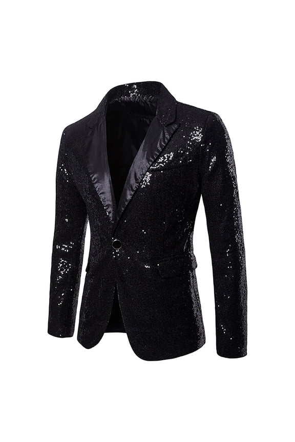 Men's One Button Sequin Dress Suit Jacket Single Breasted Party Festival Tuxedo Sport Coat- Formal & Semi - Formal Prom Black XL