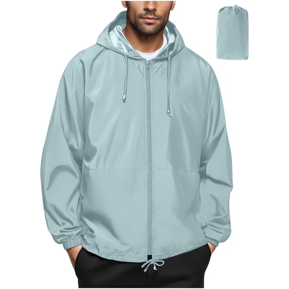 ZCFZJW Men's Packable Rain Jacket Lightweight Long Sleeve Waterproof Raincoat with Hood Travel Hiking Golf Windbreaker Coat Mint Green L