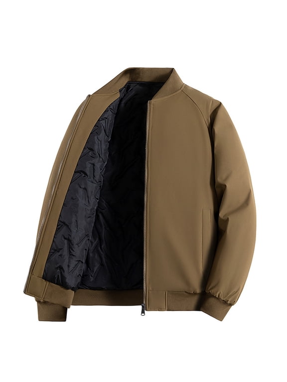 Men's Padded Bamber Jackets Winter Full Zip up Long Sleeve Fleece Outwear Casual Windproof Bomber Varsity Coat with Pockets Coffee XXXXL