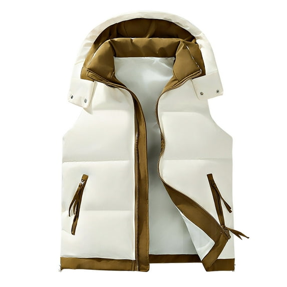 ZCFZJW Men's Padded Puffer Vest, Winter Casual Color Patchwork Work Travel Outdoor Hooded Outerwear, Sleeveless Hoodie Jacket with Zipper Pockets Beige XXXL
