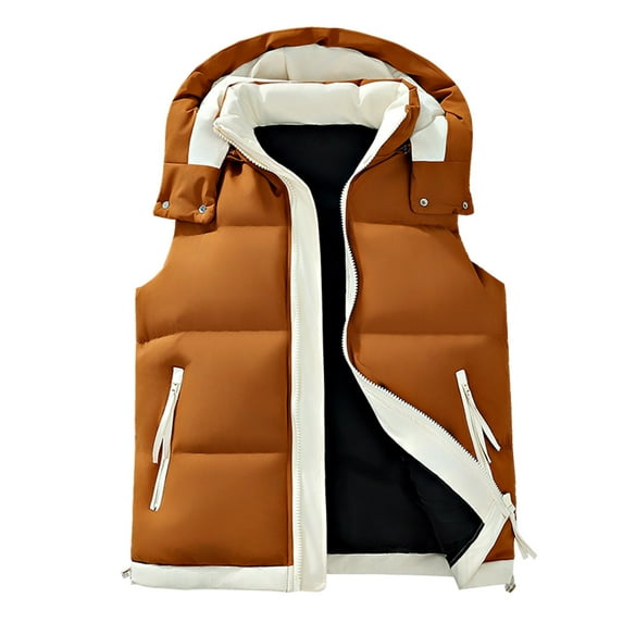 ZCFZJW Men's Padded Puffer Vest, Winter Casual Color Patchwork Work Travel Outdoor Hooded Outerwear, Sleeveless Hoodie Jacket with Zipper Pockets Khaki XXXXL