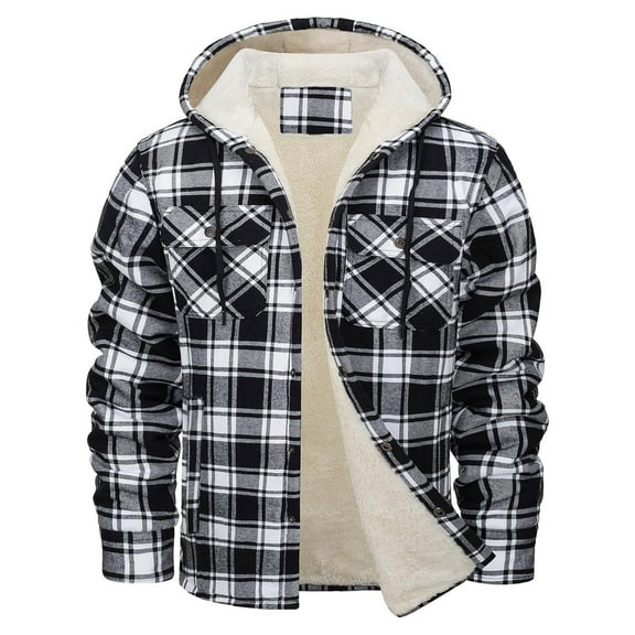 ZCFZJW Men's Plaid Flannel Jacket Long Sleeve Casual Hooded Warm Jackets Cotton Sherpa Lined Jacket Winter Button Down Outwear Coat with Pockets Black XXL