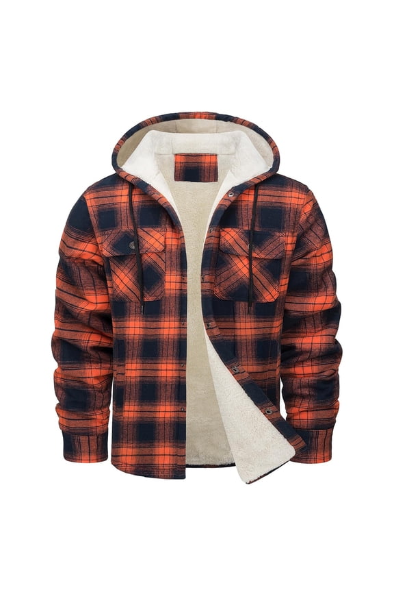 Men's Plaid Flannel Jacket Long Sleeve Casual Hooded Warm Jackets Cotton Sherpa Lined Jacket Winter Button Down Outwear Coat with Pockets Orange XXXL